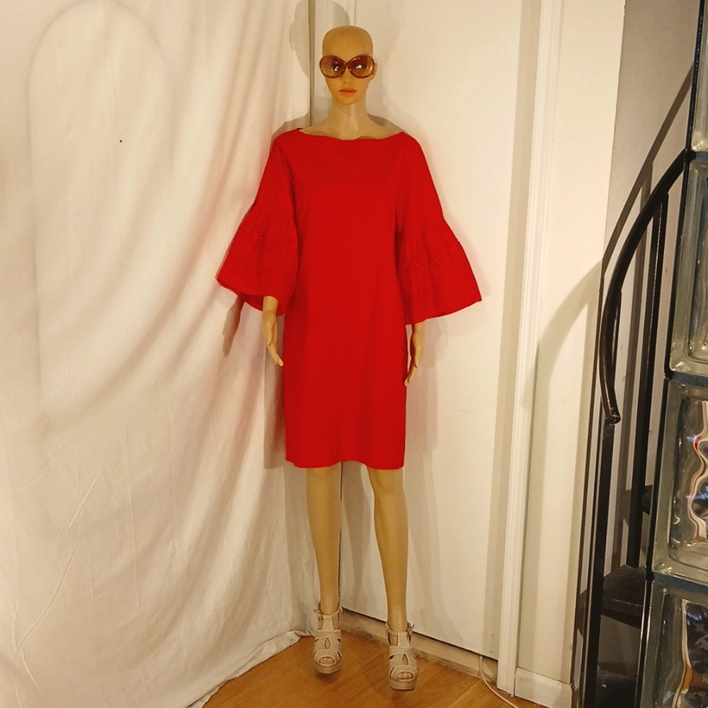 NWT Lauren Ralph Lauren Red Boat Neck Bell Sleeve Dress - Picture 12 of 12